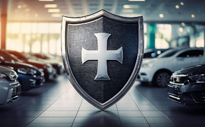 Symbolbild für eine Autohaus-Versicherung mit Showroom und einem Ritterschild Symbolbild für eine Autohaus-Versicherung mit Showroom und einem Ritterschild